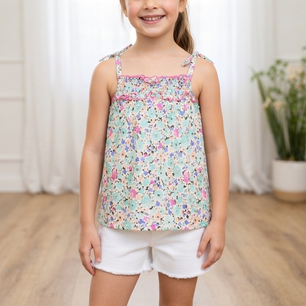 OshKosh Girls Size 8 Floral‎ Smocked Camisole Top Mint Pink Blue